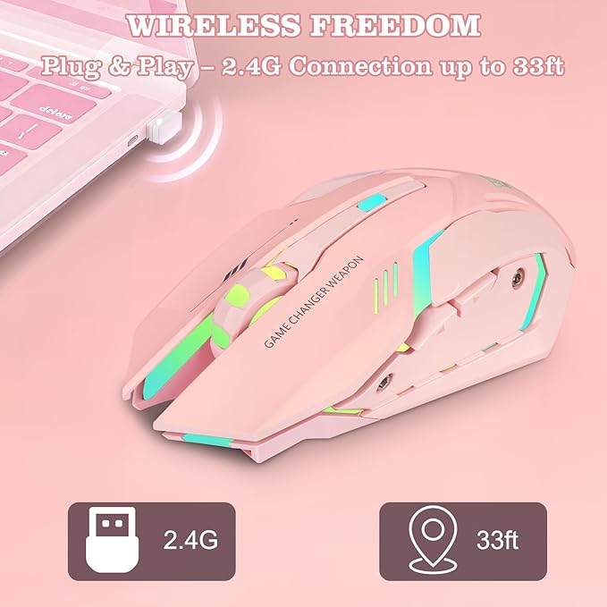 Wireless Gaming Mouse, Rechargeable Wireless Computer Mouse with Type-C Fast Charging, Ergonomic Mouse with 3 Adjustable DPI, 6 Silent Buttons, LED Light, Long Battery Life for Laptop, PC, Mac (Pink)