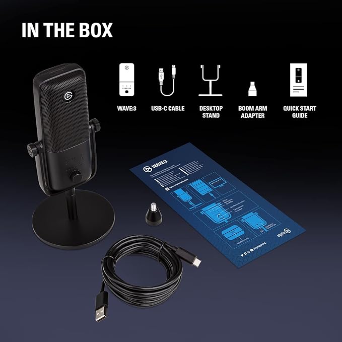 Elgato Wave:3 - Premium Studio Quality USB Condenser Microphone for Streaming, Podcast, Gaming and Home Office, Free Mixer Software, Sound Effect Plugins, Anti-Distortion, Plug ’n Play, for Mac, PC