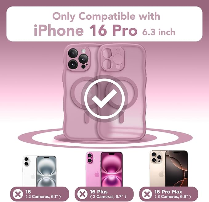 CAPRARO for iPhone 16 Pro Case for Women Girls, Upgraded [Full Camera Protection] [Compatible with MagSafe] Cute Wave Translucent Matte Phone Case for iPhone 16 Pro, Black Currant