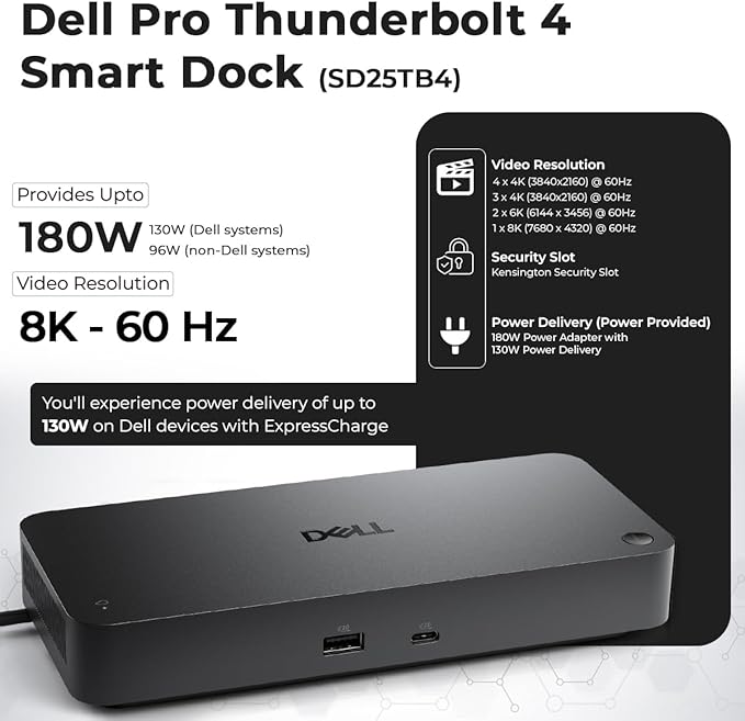 Dell SD25TB4 Pro Thunderbolt 4 Smart Dock - Supports 8k Display, 3 Years Warranty with 180W Adapter, HDMI, DisplayPort, Thunderbolt Cable, Cloth - USB C Docking Station Hub with Accessories