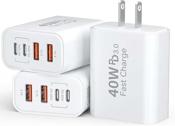 USB C Charger Block, 3Pack 40W 4 Ports Type C Fast Phone Charging Cubes PD 3.0 Wall Plug+ QC 3.0 USB A Charger Power Brick Box for iPhone 16/15/14/13/12/11 Pro Max, iPad, Galaxy, Pixel,White