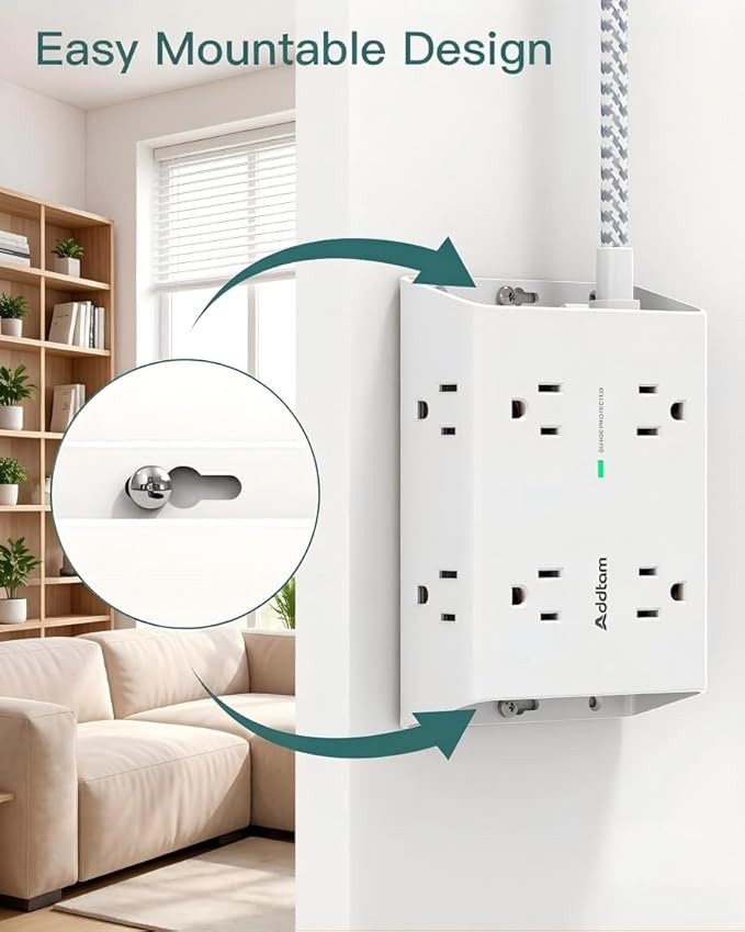 Addtam Surge Protector Power Strip, 8 Widely Outlets with 4 USB Ports (2 USB C), 15ft Extension Cord with Multiple Outlets, 3 Side Outlet Extender, Flat Plug, Wall Mount, ETL, White