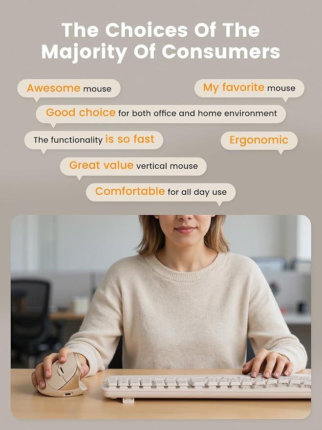 SABLUTE MAM3 Ergonomic Mouse, Rechargeable Wireless Vertical Mouse with 4 Adjustable DPI for Small/Medium Hands, Dual-Device Connectivity for Computer/PC/Laptop,Bluetooth Mouse for Window,Mac OS,Beige