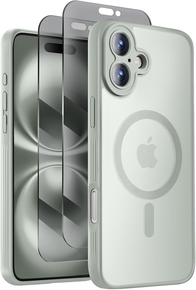 Symcele Designed for iPhone 16 Case, Compatible with MagSafe, with Privacy Screen Protectors X2, [Camera Protection] [15FT Military Drop Protection] Shockproof Phone Case, 6.1", Calke Green