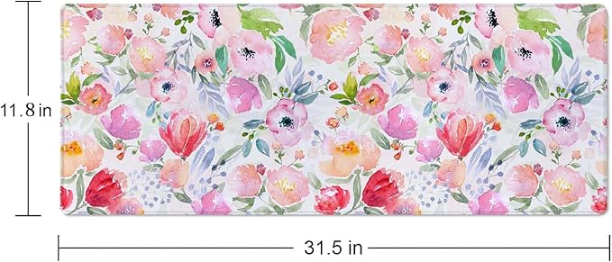 Watercolor Floral Botanical Pattern Desk Mat, Extended Big Mouse Mat for Home and Office, Large Gaming Mousepad Laptop Keyboard Mat with Non-Slip Rubber Base, Stitched Edges (31.50"x11.8"x0.12")
