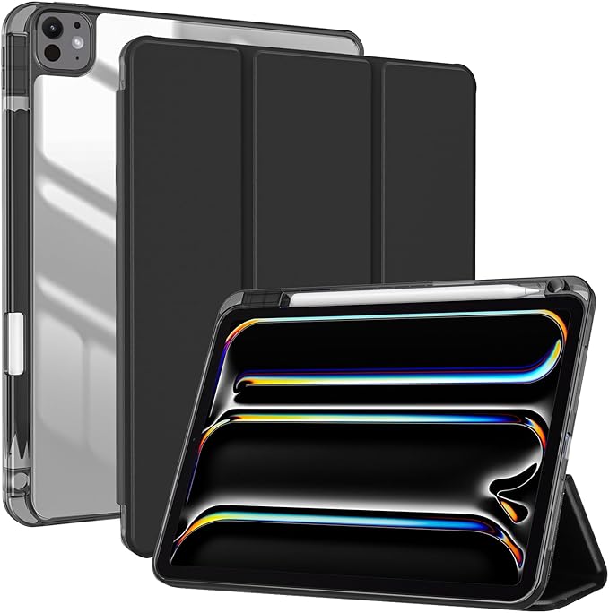 ProCase for iPad Pro 13 Inch Case M5 2025/ M4 2024 with Pencil Holder, Slim Stand Clear Shell Back, Shockproof Cover iPad Pro M5 M4 Case 13 Inch, Supports Touch ID, Auto Wake/Sleep -Black