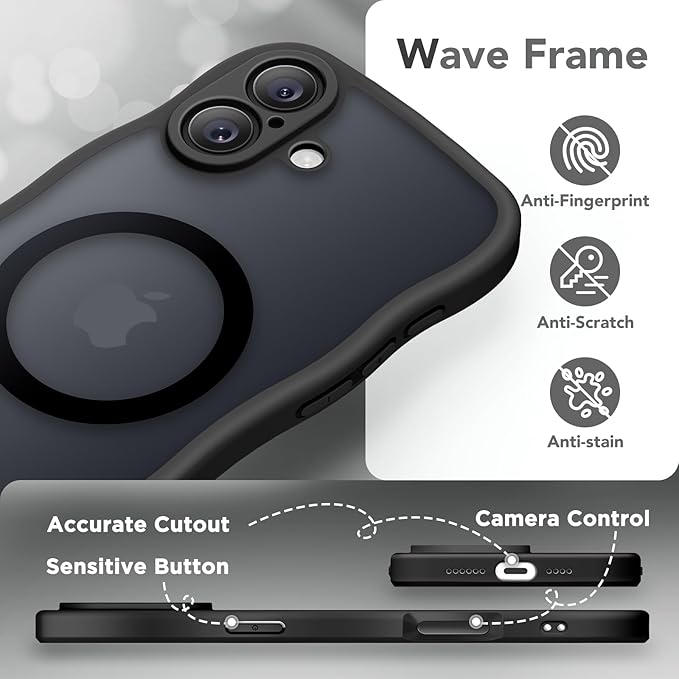 CAPRARO for iPhone 16 Plus Case for Women Girls, Upgraded [Full Camera Protection] [Compatible with MagSafe] Cute Wave Translucent Matte Phone Case for iPhone 16 Plus, Black