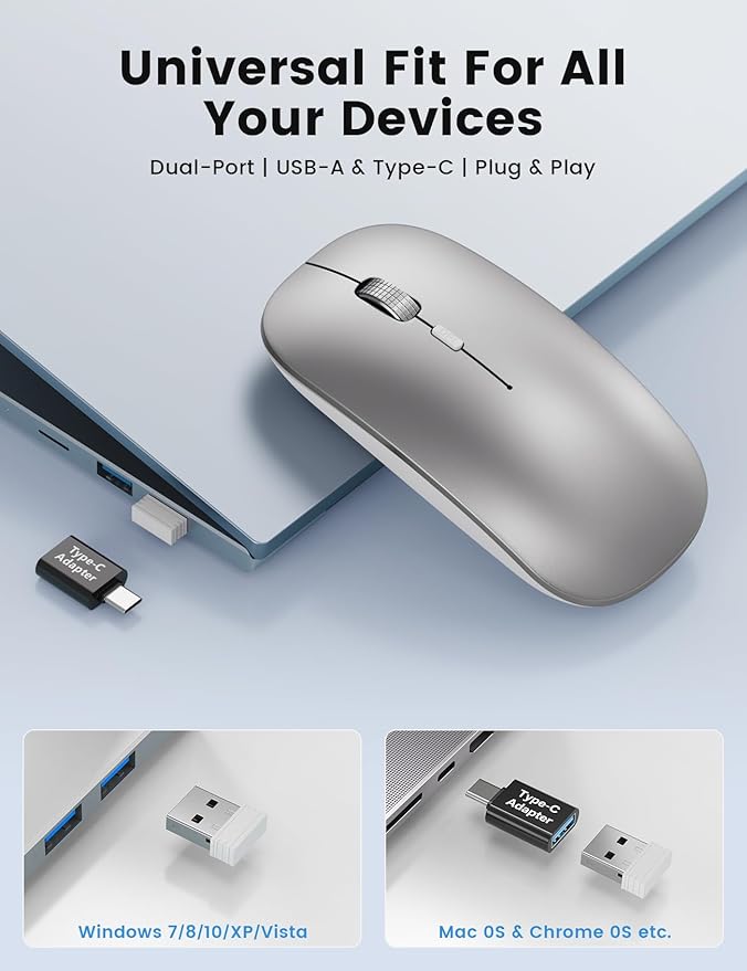 SABLUTE M31 Bluetooth Mouse for MacBook Pro/Air, iPad - Rechargeable Tri-Mode Wireless Mouse for 3 Devices (BT 5.2 + 2.4G), Sleek Silver Slim Silent Mouse for Surface, Windows