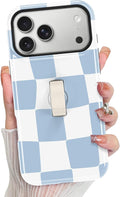 KANGHAR Compatible with iPhone 17 Pro Max Case, Support for MagSafe, Silicone Checkered Cute Pattern, Wristband Kickstand Camera Protection Soft Slim Phone Case for Girls Women -Light Blue