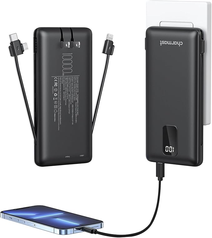 charmast Portable Charger with Built-in Cables and Wall Plug, 10000mAh USB C Portable Power Bank, Potable Phone Charger, Travel Essentials Compatible with iPhones, Samsung Galaxy, iPad