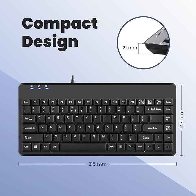 Perixx PERIBOARD-409U Wired USB Mini Keyboard, Black, US English Layout