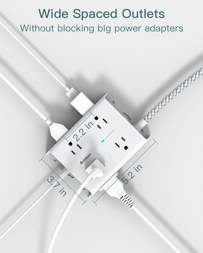 Addtam Surge Protector Power Strip, 8 Widely Outlets with 4 USB Ports (2 USB C), 5ft Extension Cord with Multiple Plug Outlets, 3 Side Outlet Extender, Flat Plug, Wall Mount, ETL, White