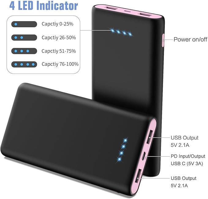 Portable Charger Power Bank 25,800mAh,5V/3A USB C in&Out Fast Phone Charging with Intelligent Smart IC,3 USB Port External Cell Phone Battery Pack Compatible with iPhone 17 16 15,Samsung,Android-Pink