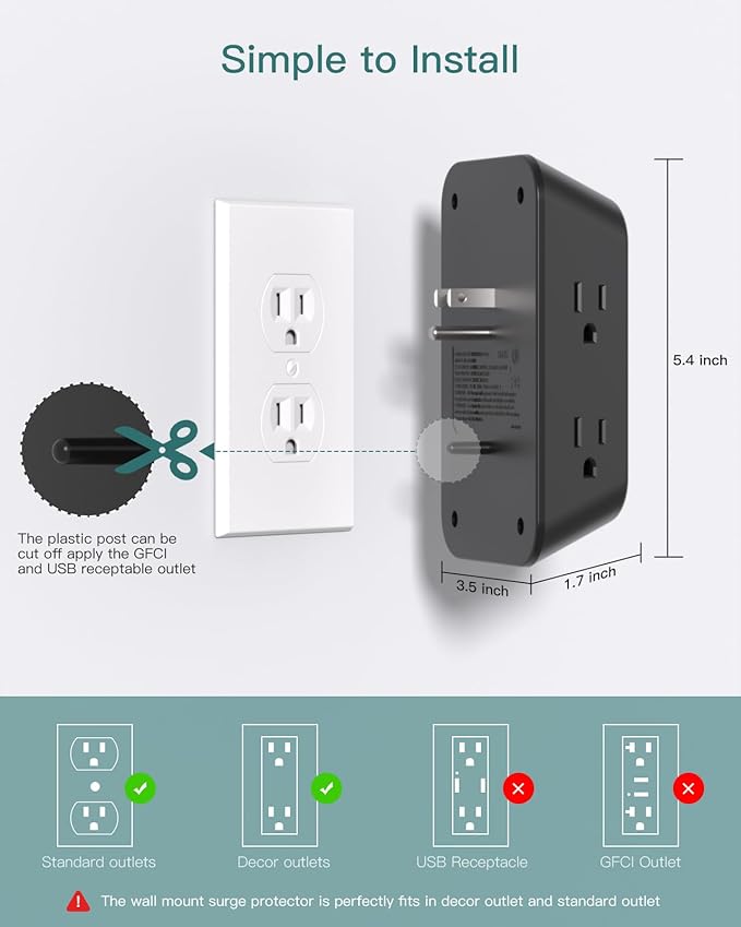 Addtam 5-Outlet Extender Surge Protector, Multi Plug Wall Outlet with 4 USB Wall Charger(PD 30W), Plug Extension Outlet 1800J, Outlet Splitter Power Strip for Home Office Dorm Room Essentials, Black