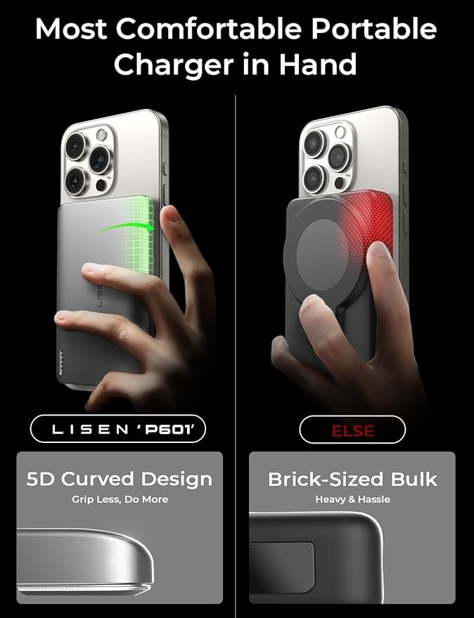 LISEN 0.5‘’ Ultra Slim MagSafe Portable Charger,10000mAh Wireless Card Slim MagSafe Battery Pack iPhone 17 Air Accessories,Magnetic Power Bank for iPhone 17 Pro Max Plus Air/16/15/14/13/12，GlacierGray