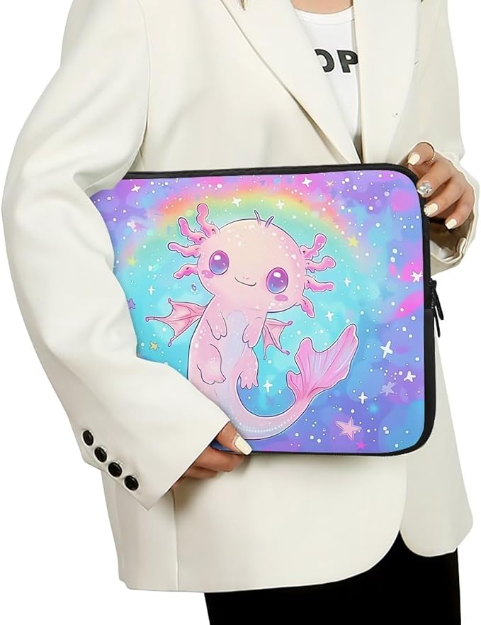 Cute Axolotl Laptop Sleeve for Teen Girls - 15 inch Rainbow Laptop Accessory with Versatile Uses - Ideal Gifts for Holidays - Galaxy Purple