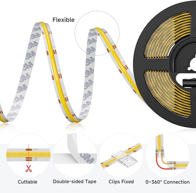 BTF-LIGHTING FCOB COB LED Strip CCT 3000K-6000K Tunable White IP65,UL Listed DC24V 16.4FT CRI 90+ Dimmable LED Tape Lights,640LEDs/m Dotless for Bedroom Kitchen Indoor Decor(No Adapter or Controller)