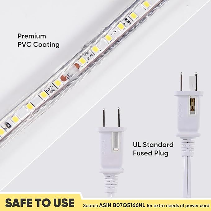 Shine Decor LED Strip Light 150FT 120VAC, Super Bright 19012 Lumens Dimmable, IP65 Waterproof for Outdoor Indoor, 6500K Cool White Every 1.6ft Cuttable Lighting Rope 6x10mm, ETL Listed 45M