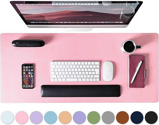 Mouse Pad Desk Protector Mat, Large PU Leather Office Desk Mat, Non-Slip Desk Pad for Keyboard and Mouse, Waterproof Desk Blotter Pad for Writing, Wide & Smooth Laptop Desk Pads, Pink (17’’X36’’)