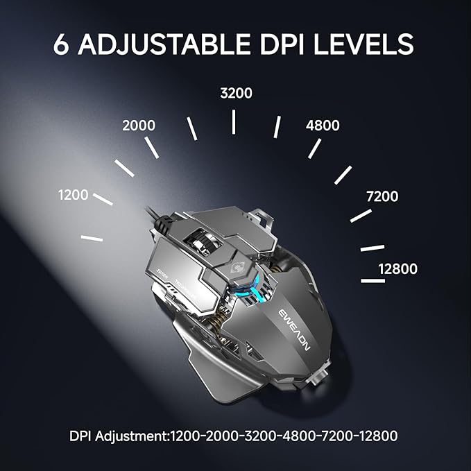 SEUNKWANG EWEADN G5 Wired Gaming Mouse, Ergonomic RGB Computer Mouse, 12800 Adjustable DPI, 9 Programmable Macro Buttons with Rapid Fire Key Compatible for PC/Laptop/Windows-Grey&White