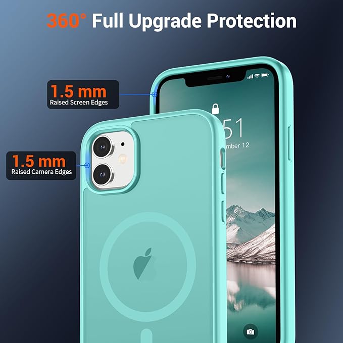 SUPFINE Magnetic for iPhone 12 Mini Case & iPhone 13 Mini Case (Compatible with MagSafe) (Military Grade Drop Protection) Translucent Matte Shockproof Phone Cover,Blue Green