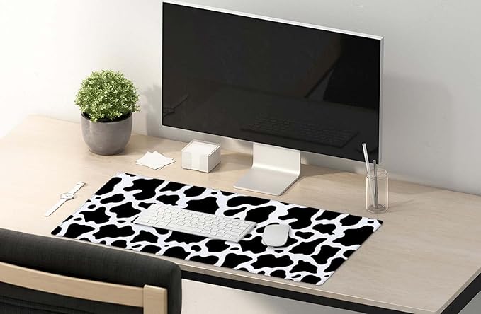 SSOIU White Black Cow Pattern Desk Pad, Personalized Desk Mat, Cow Print Desk Mat, Cute Desk Pad, Extended Gaming Mouse Pad (35.5x15.7 in), Large Non-Slip Rubber Base Mousepad with Stitched Edges