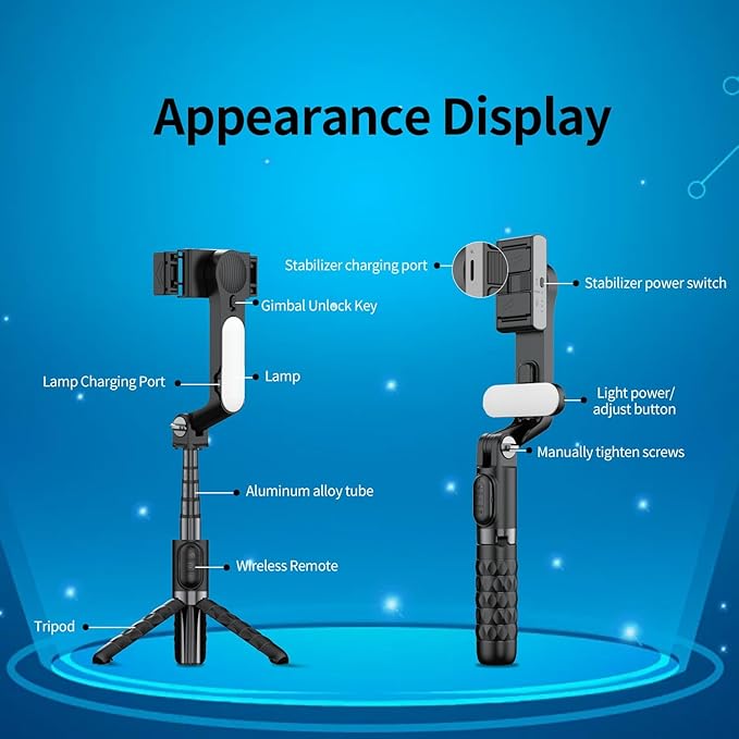 TOALLIN Selfie Stick with Light for Smartphone, Gimbal Stabilizer with Remote, Retractable and Foldable Phone Tripod for iPhone & Android, Video Recording, Streaming, Vlogging