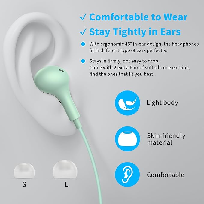 USB Headphones with Microphone for Laptop, 7.5ft Magnetic Wired Earbuds Noise Canceling in-Ear Earphones with Mute Volume Control Stereo Bass for PC Desktop Dell HP Acer Laptop Meetings,Teens,Green