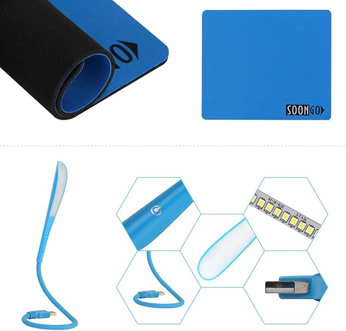 SOON GO Mini Mouse with Pad+USB LED Light 3 in 1 Gift Combo Kids Mice for Laptop Home Office Travel Blue