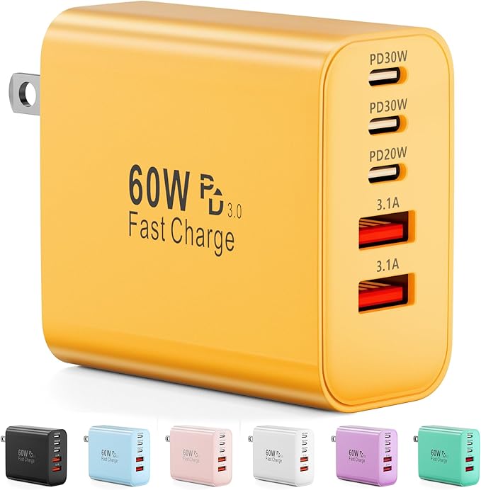 USB C Charger Block, 60W 5-Port Type C Charger Fast Charging Block, USBC USB Multiple Port Wall Charger Plug Adapter for iPhone 17/Air/16/15/14/13/12/11 Pro Max, Samsung Galaxy, iPad, Tablet (Yellow)