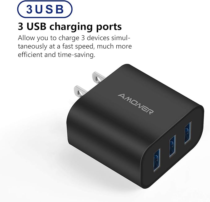 Amoner Wall Charger, Upgraded 2Pack 15W 3-Port USB Plug Cube Portable Wall Charger Plug for iPhone 13/12/mini/Pro/Max/11/Pro/Xs/XR/X/8/7/Plus, Galaxy10/9, Note10/9, and More