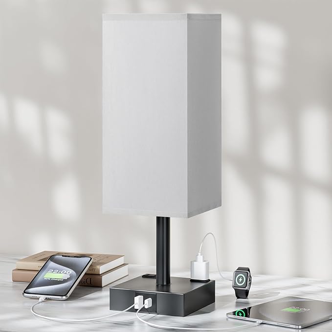 Touch Bedside Table Lamp For Nightstand - 3-Way Dimmable Night Lamp with USB A + Type C Charging Ports and two AC Outlets, Small Desk Light with E26 LED Bulb for Bedroom Living Room Office, Grey Black