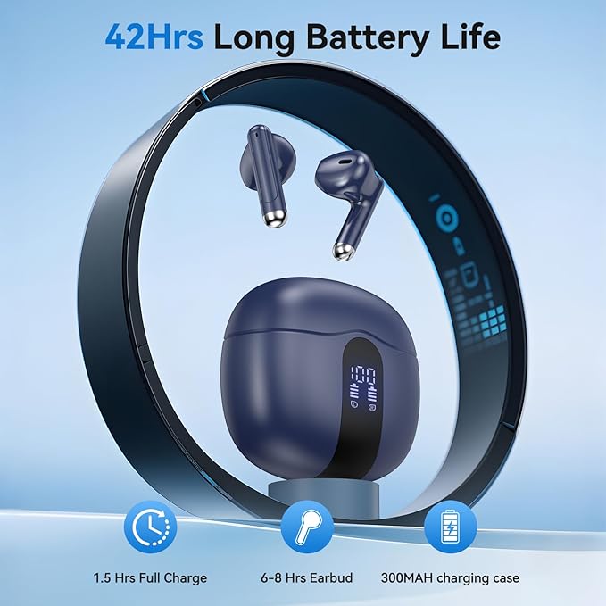 Wireless Earbuds, Bluetooth 5.4 Headphones HiFi Stereo with 4 HD Mic, 50H Playtime Bluetooth Earbuds with LED Display, IPX7 Waterproof Wireless Earphones, Touch Control Ear Buds,USB-C Blue