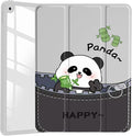 JOYLAND Cute Happy Panda Case for 9.7" iPad 5th/6th Generation（2017/2018）,Clear Acrylic Hard Back Grey White Case with Pencil Holder Trifold Stand Tablet Cover (Model Number:A1822 A1823 A1893 A1954)