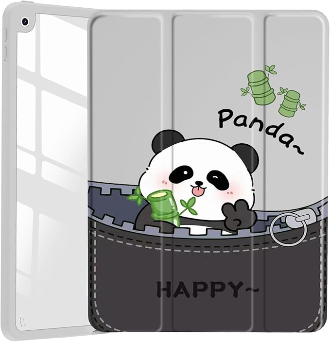 JOYLAND Cute Happy Panda Pattern Case for iPad Pro 13-inch (M4) 2024, Clear Acrylic Hard Back Grey Case with Pencil Holder Trifold Stand Tablet Cover (Model Number:A2925/A2926/A3007)