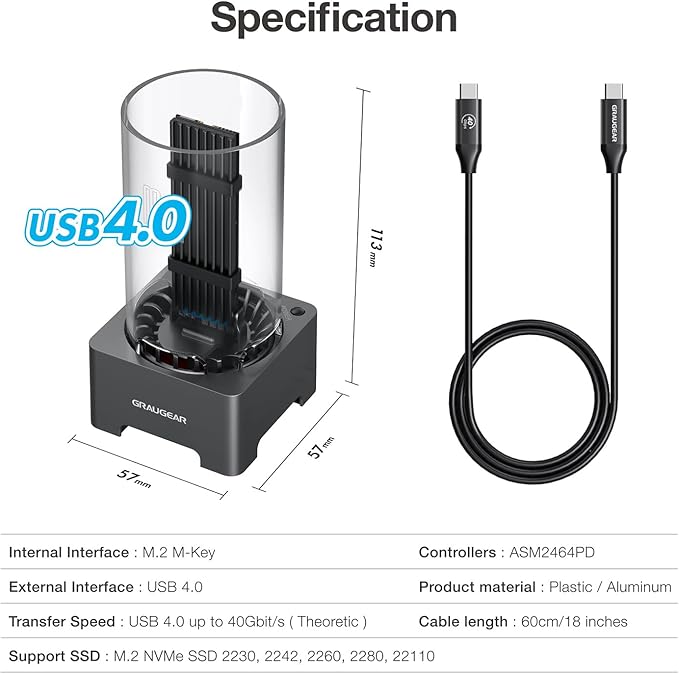 GRAUGEAR USB4 M.2 SSD Docking Station, 40Gbps External NVMe SSD Enclosure with Built-in Cooling Fan, UASP Trim Support, Compatible with Thunderbolt 4/3, ASM2464PD Chip