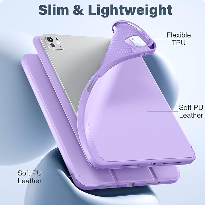 Akkerds for iPad Pro 11 Inch Case (M5/M4) 2025/2024 6th/5th Generation with Pencil Holder, for iPad Pro Case 11 Inch with Trifold Stand Protective Cover/Soft TPU Back, Auto Wake/Sleep, Lavender