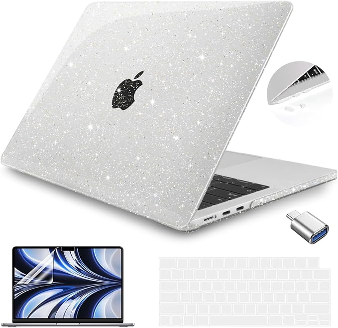 Teryeefi for MacBook Air 13.6 inch Case with M2 M3 M4 M5 Chip 2022-2025 2026 Release A3449/A3240/A3113/A2681, Glitter Protective Hard Shell & Keyboard Cover & USB 3 Adapter, Sparkly Clear