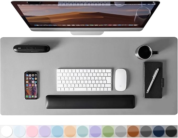 Leather Desk Pad Protector, Mouse Pad, Non-Slip Computer Mat for Desk, PU Leather Office Desk Mat for Home & Office, Waterproof Laptop Desk Blotter for Keyboard and Mouse, Grey (15.7''X31.5'')