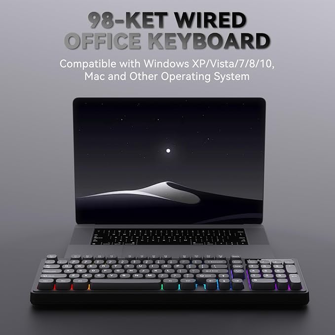 Ajazz AF98 Wired Office Keyboard, Ergonomic, RGB Lighting, Multimedia Function Keys, Adjustable Stand, Suitable for Windows Vista/XP/7/8/10/11 Mac, Andord.