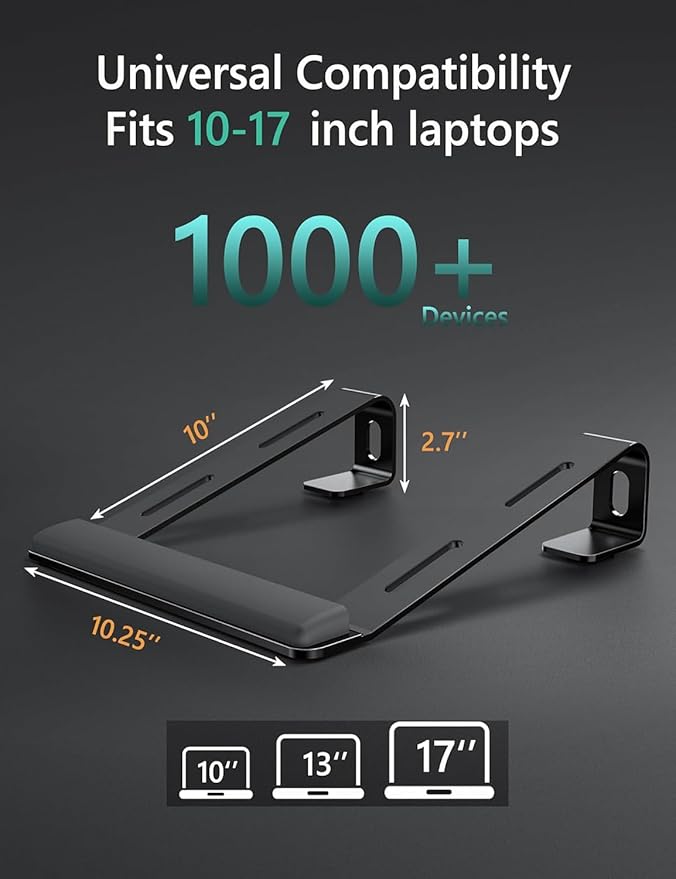 JCZT Aluminum Laptop Stand, Notebook Stand with Wrist Rest, Ergonomic Detachable Laptop Mount, Computer Stand Compatible with 10-17'' All Laptops Such as MacBook Air Pro/HP/Dell/Lenovo, Black