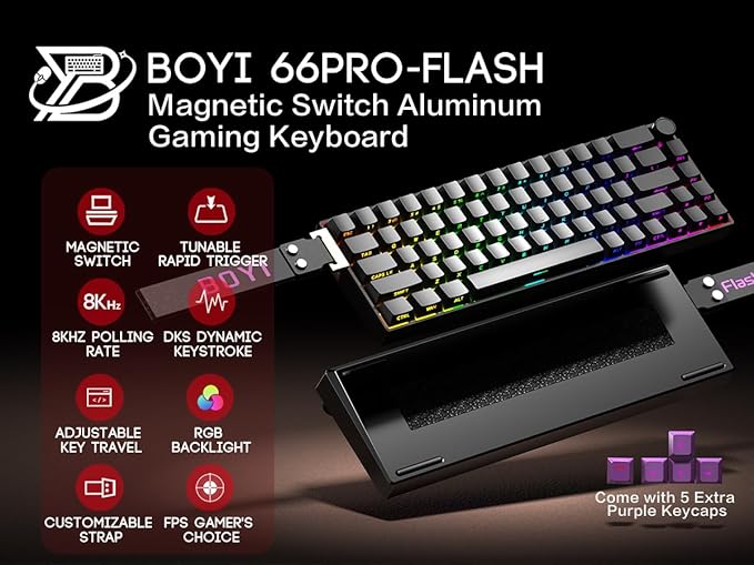 BOYI 66Pro-Flash Aluminum Magnetic Switch Gaming Keyboard,TMR/HE Keyboard Gaming 65% Hall Effect,RGB HotSwap 0.01mm Hyper-Fast 8K Hz Polling Rate,PBT Side Printed Keycaps Mechanical Keyboard with Knob