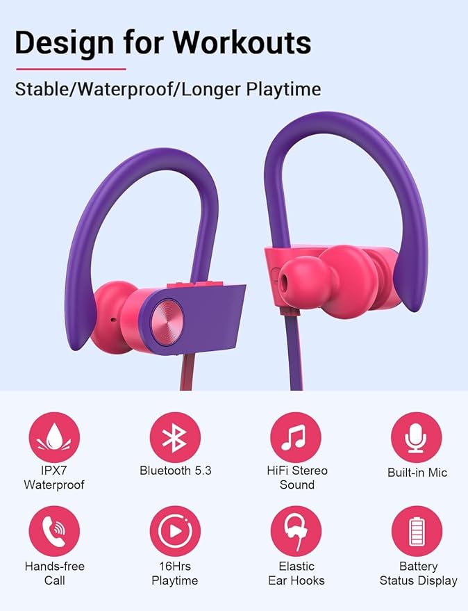 Bluetooth Headphones, Bluetooth 5.3 IPX7 Waterproof Wireless Sports Earbuds for Workout Gym, 16 Hrs Playtime Running Headphones with Noise Cancelling Mic, HiFi Bass Stereo in-Ear Earphones