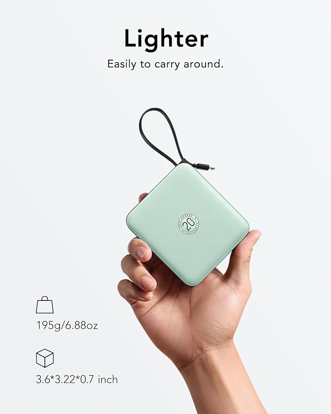 VRURC Portable Charger with Built-in Cable, 10000mAh 22.5W Fast Charging USB C Battery Pack, Cell Phone Power Bank for iPhone 17 16 15 Series Android Tablet (Green)