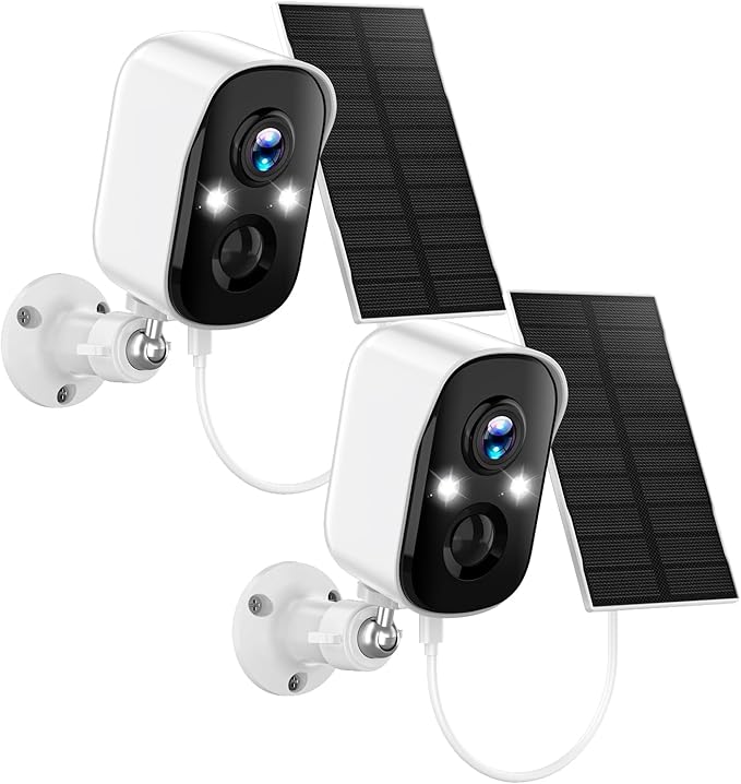 Solar Security Cameras Wireless Outdoor,2K Solar Camera Wireless for Home, 2.4GHz WiFi,Color Night Vision,Two-Way Talk,IP66 Waterproof,Two Spotlights,Cloud/SD(2 Packs,White)