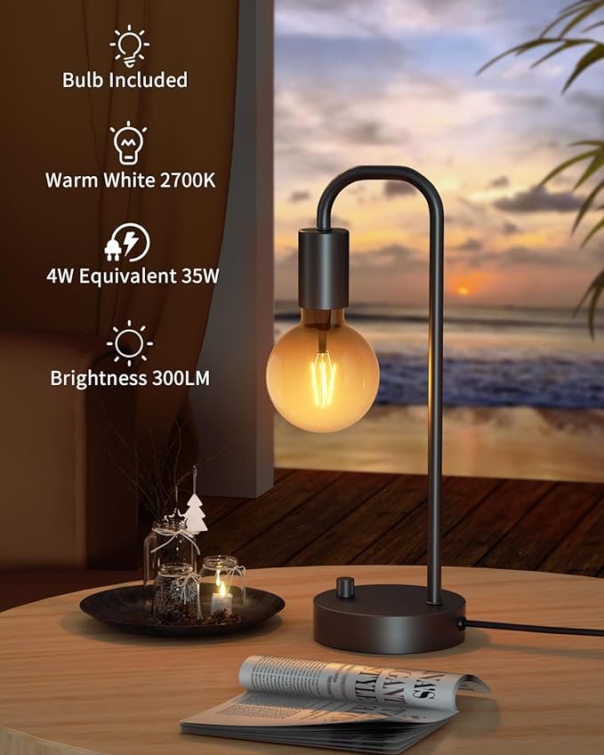 ONEWISH Industrial Table Lamp Set of 2, Fully Dimmable Beside Lamp with Gradient Black Art LED Bulb, Modern Nightstand Desk Lamps for Bedroom, Living Room, Office, Reading(Bulb Included)