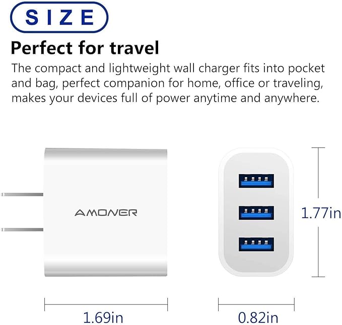 USB Wall Charger, Amoner 2Pack 15W 3-Port USB Charger Block iPhone Cube Charging Blocks for iPhone 14/13/12/11/X/XR/X/8/7/6, Galaxy, Android Phones and More