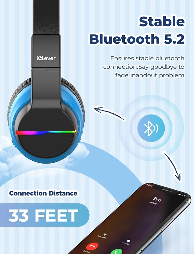 iClever BTH12 Kids Bluetooth Headphones 2 Pack,Colorful LED Lights,74/85dBA Safe Volume,85H Playtime,Bluetooth 5.2,Over Ear Kids Headphones Built-in Mic for iPad/Tablet/Airplane, Pink & Black