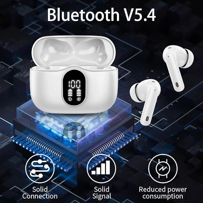 Btootos Wireless Earbuds Bluetooth 5.4 Headphones Bass Stereo Ear Buds with Noise Cancelling Mic LED Display in Ear Earphones IP7 Waterproof 36H Playtime for Laptop Pad Phones Sports Workout White