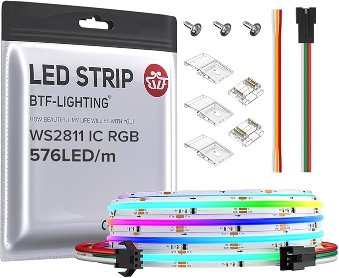 BTF-LIGHTING FCOB WS2811 IC RGB COB LED Strip DC12V 576LED/m 9.8FT Flexible High Density Color Chasing Uniform Light 16IC/m 10mm Width for Indoor Lighting Project(No Adapter or Controller)